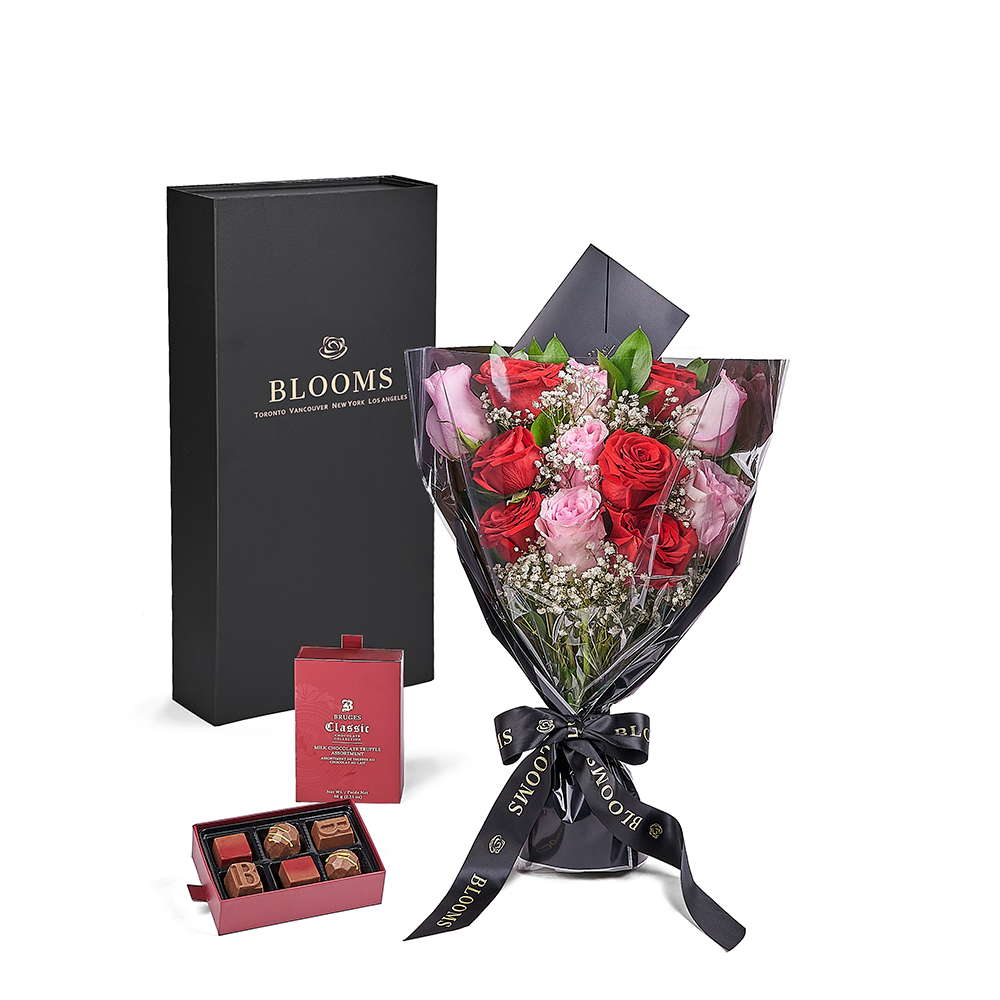 Valentine’s Day Dozen Red &amp; Pink Rose Bouquet With Box &amp; Chocolate, Toronto Same Day Flower Delivery, Valentine's Day gifts