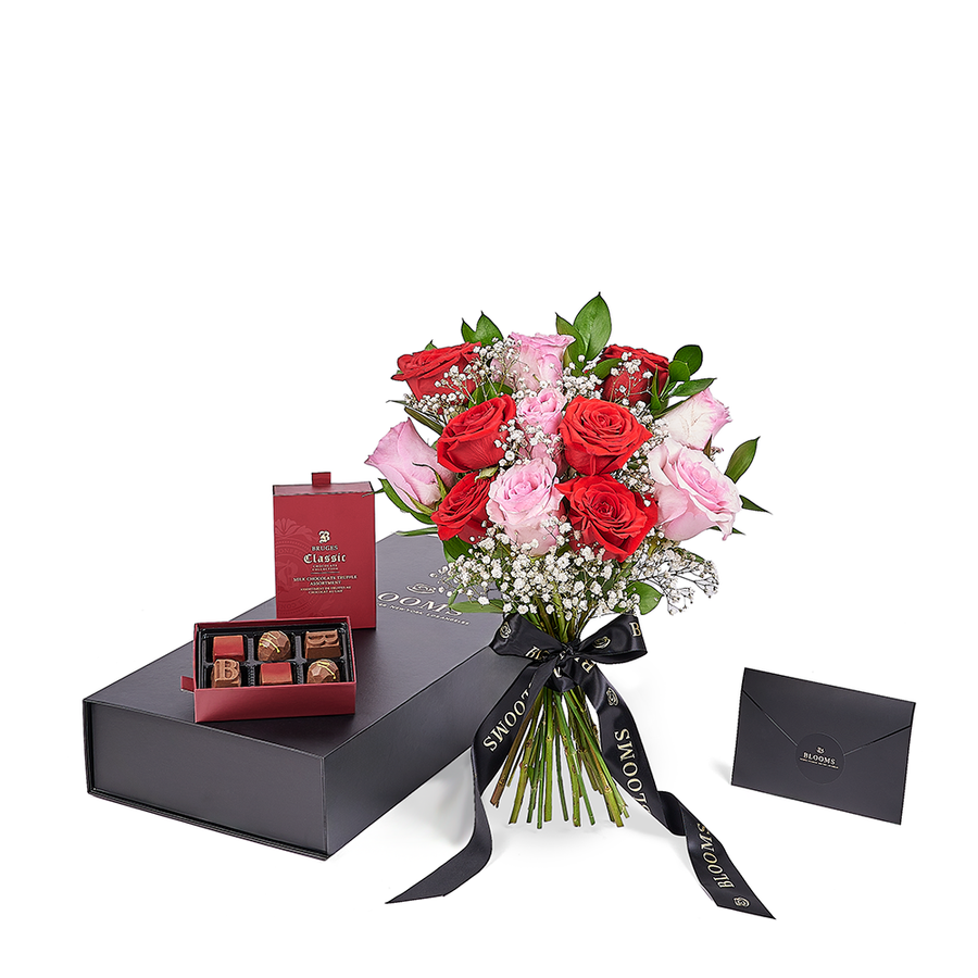 Valentine’s Day Dozen Red & Pink Rose Bouquet With Box & Chocolate