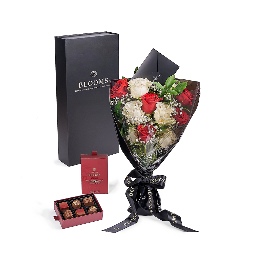 Valentine’s Day Dozen Red &amp; White Rose Bouquet With Box &amp; Chocolate, Valentine's Day gifts, Toronto Same Day Flower Delivery, roses