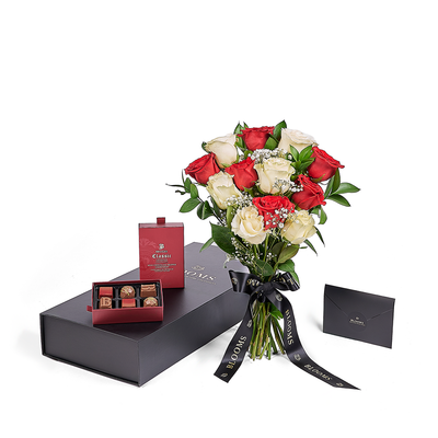 Valentine’s Day Dozen Red & White Rose Bouquet With Box & Chocolate, Valentine's Day gifts, Toronto Same Day Flower Delivery, roses