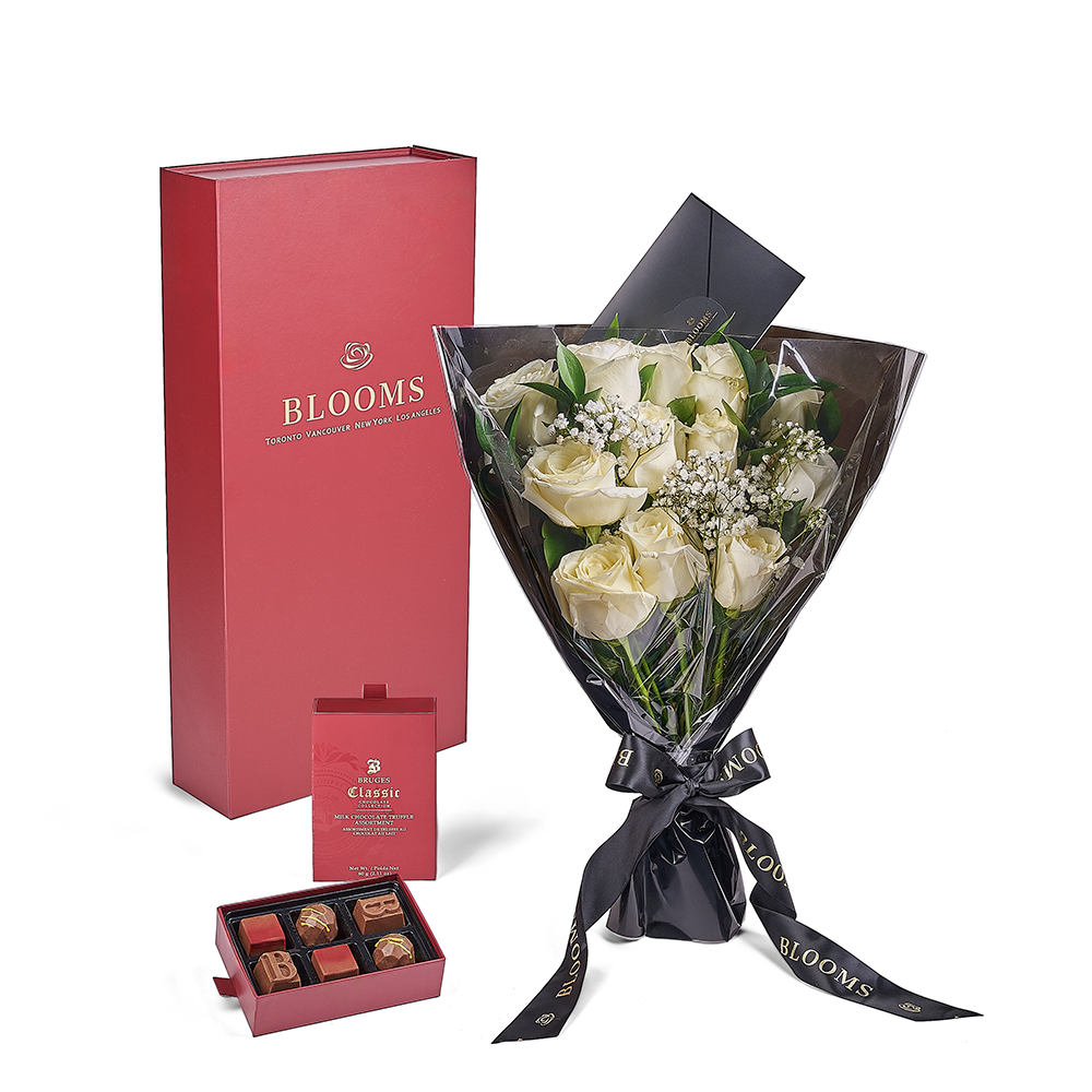 Valentine’s Day Dozen White Rose Bouquet With Box &amp; Chocolate, Valentine's Day gifts, roses, chocolate gifts, Toronto Same Day Flower Delivery
