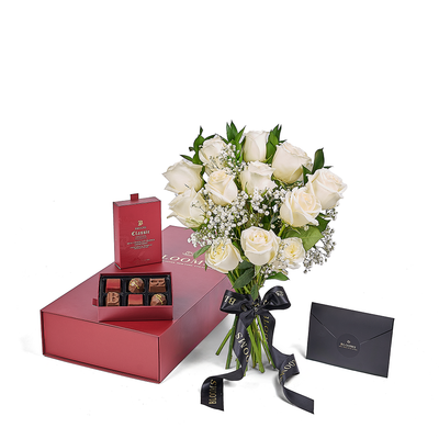 Valentine’s Day Dozen White Rose Bouquet With Box & Chocolate, Valentine's Day gifts, roses, chocolate gifts, Toronto Same Day Flower Delivery