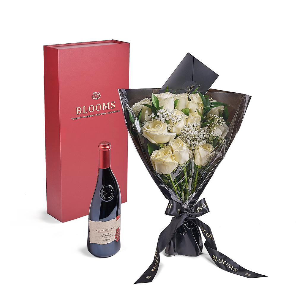 Valentine's Day Dozen White Rose Bouquet With Box &amp; Wine, Toronto Same Day Flower Delivery, flower gifts, Valentine's Day gifts, wine gifts