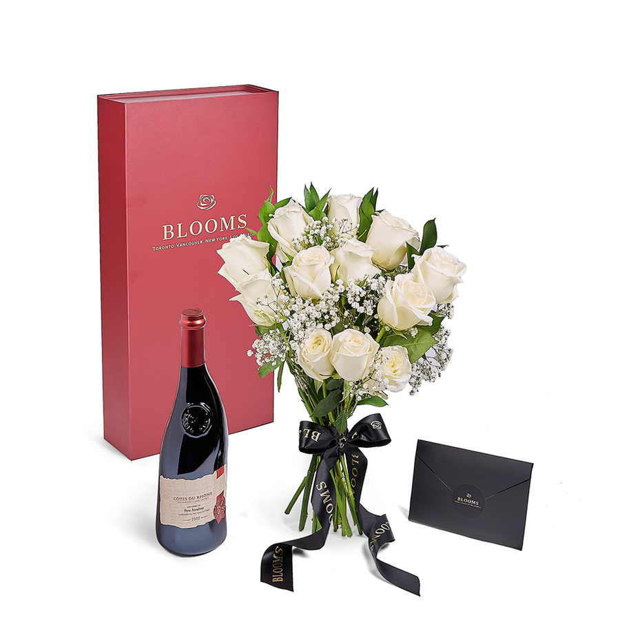 Valentine's Day Dozen White Rose Bouquet With Box & Wine, Toronto Same Day Flower Delivery, flower gifts, Valentine's Day gifts, wine gifts