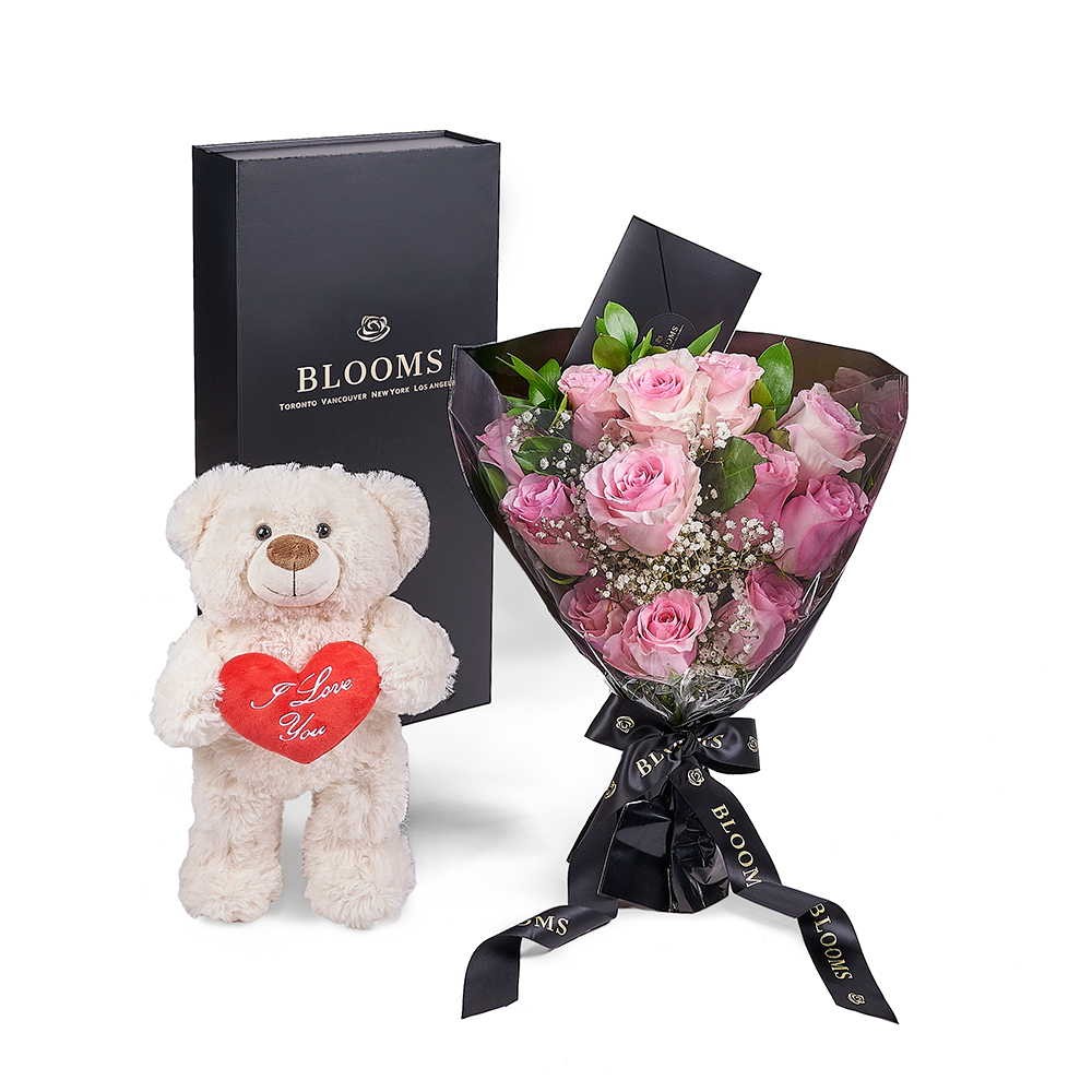 Valentine's Day 12 Stem Pink Rose Bouquet With Box &amp; Bear, Valentine's Day gifts, Toronto Same Day Flower Delivery, plush gifts