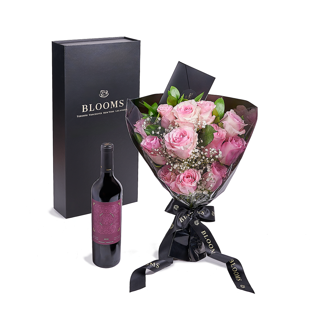 Valentine's Day 12 Stem Pink Rose Bouquet With Box &amp; Wine, Toronto Same Day Flower Delivery, Valentine's Day gifts, rose gifts, pink roses, wine gifts