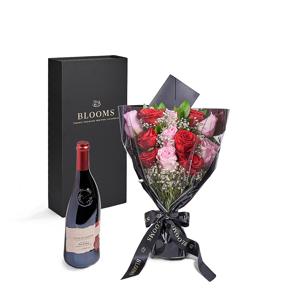 Valentine's Day 12 Stem Red &amp; Pink Rose Bouquet With Box &amp; Wine, Toronto Same Day Flower Delivery, Valentine's Day gifts