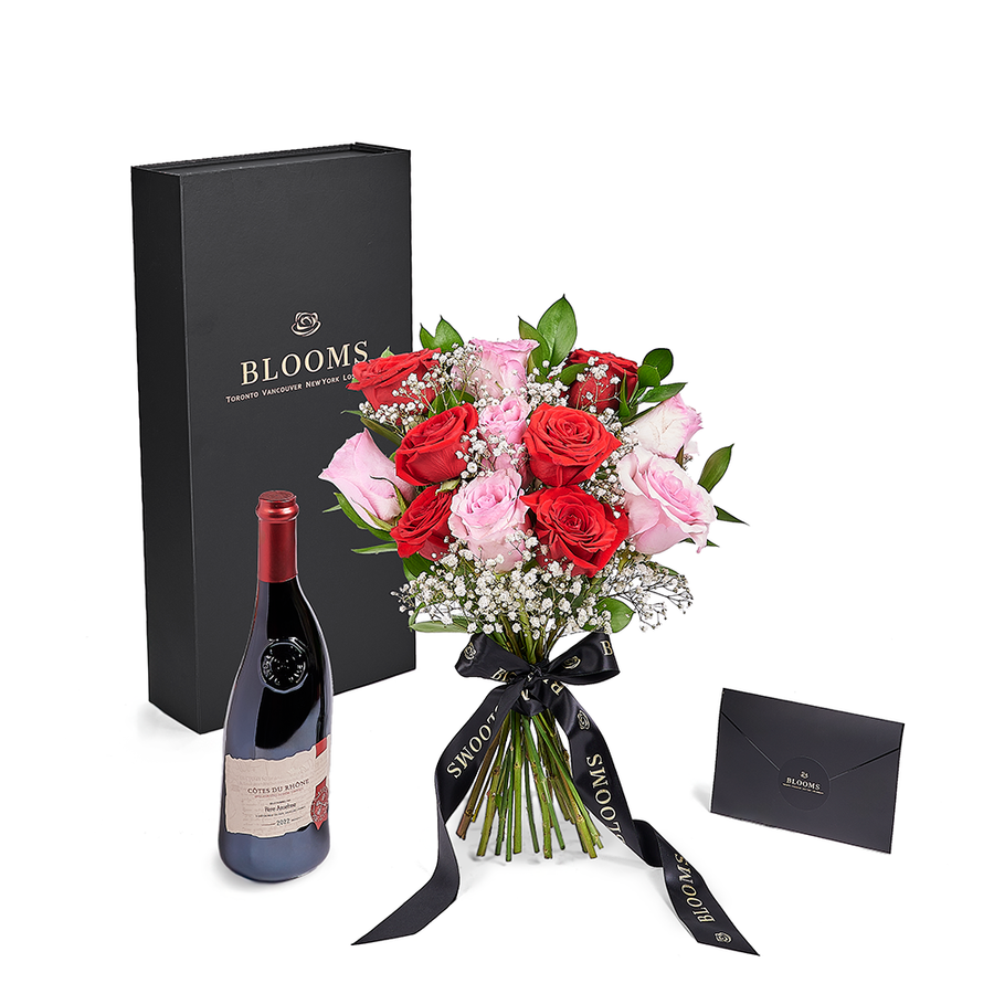 Valentines Day 12 Stem Red & Pink Rose Bouquet With Box & Wine