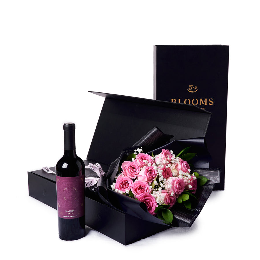 Valentines Day 12 Stem Pink Rose Bouquet With Box & Wine