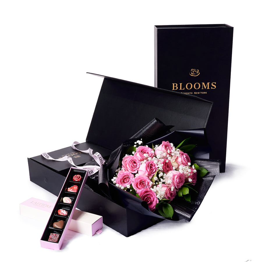 Valentine’s Day Dozen Pink Rose Bouquet With Box & Chocolate
