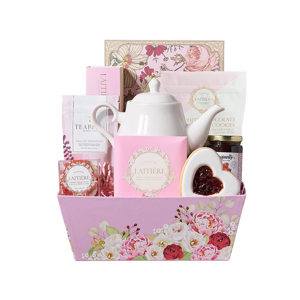 A Rosy Cup of Comfort Tea Gift Set, tea gift, tea, gourmet gift, gourmet, tea pot gift, tea pot, cookie gift, cookie, chocolate gift, chocolate