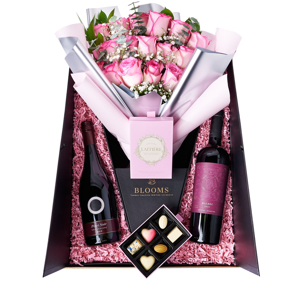 The Complete Pink Rose &amp; Wine Gift Set, wine gift, rose bouquet, chocolate gift, mother's day