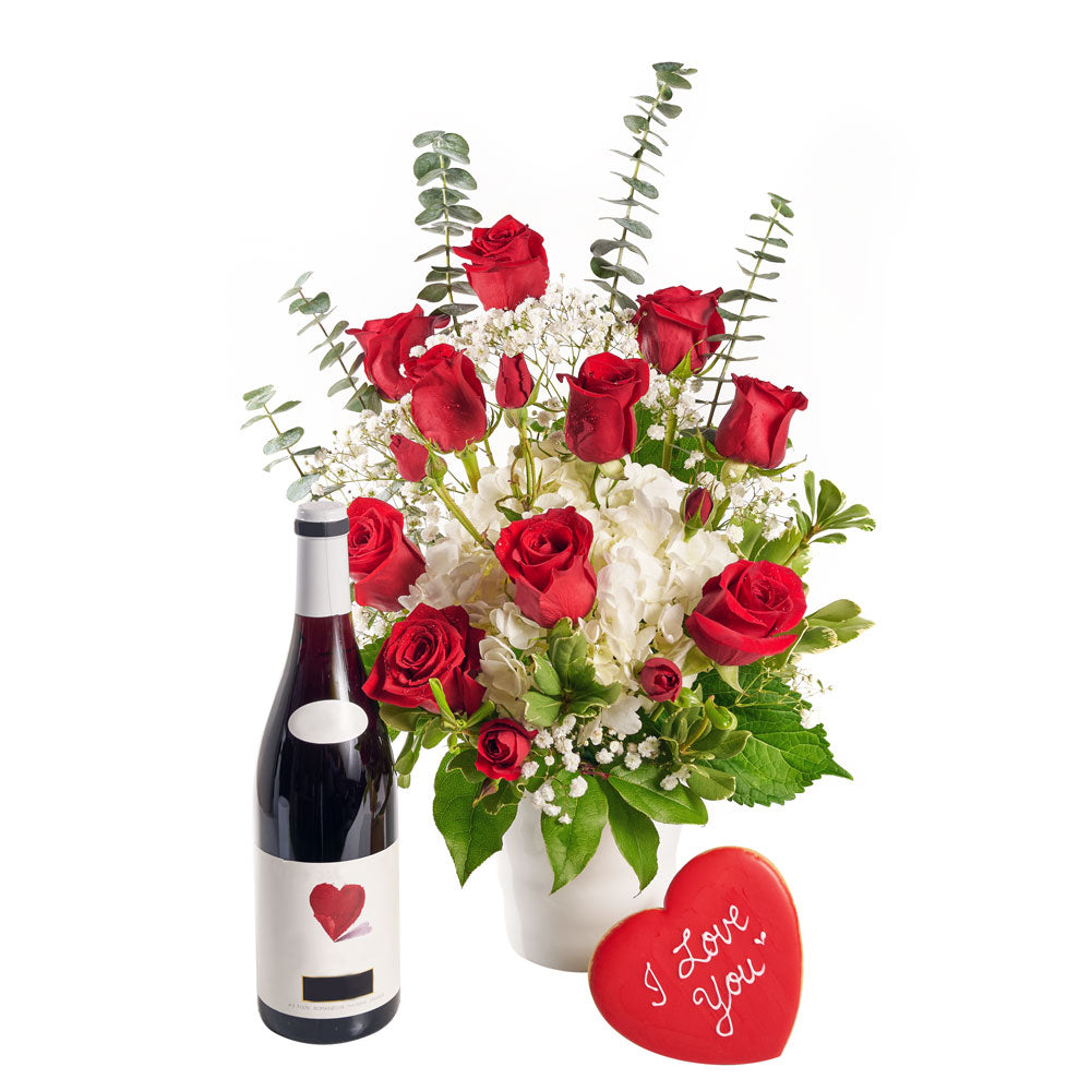 Rose and Hydrangea Vase with Wine - Wine Gift Set - Same Day Toronto Delivery