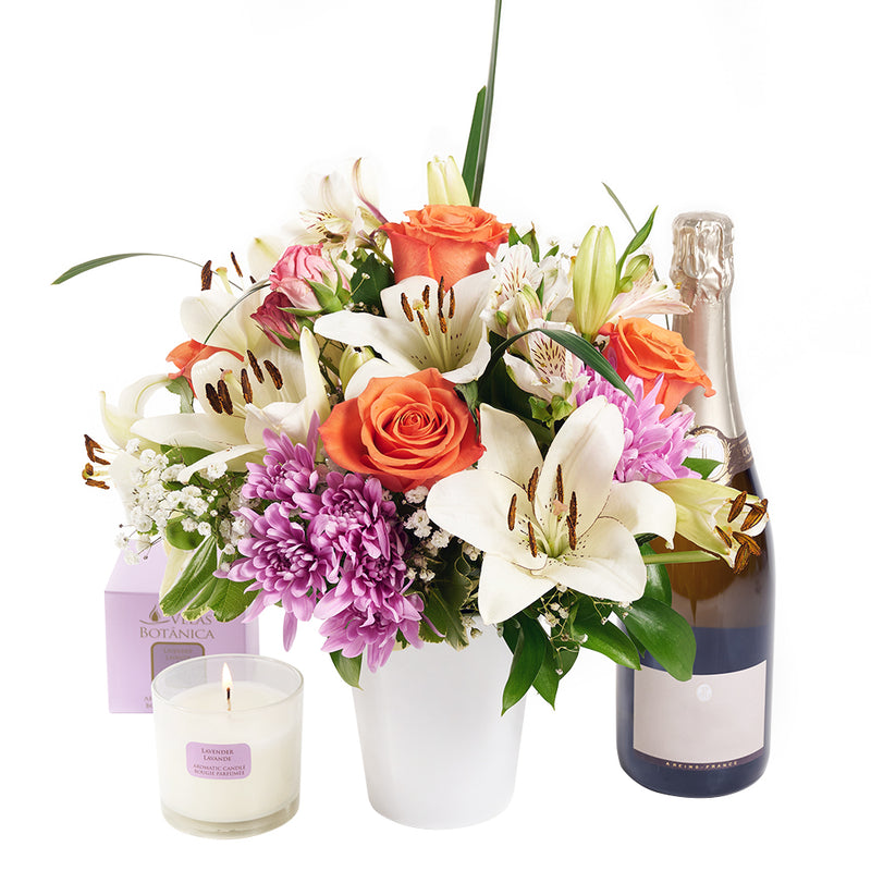 Fragrant Lily Champagne Gift Set Mixed Flower, Champagne and Candle - Same Day Toronto Delivery 