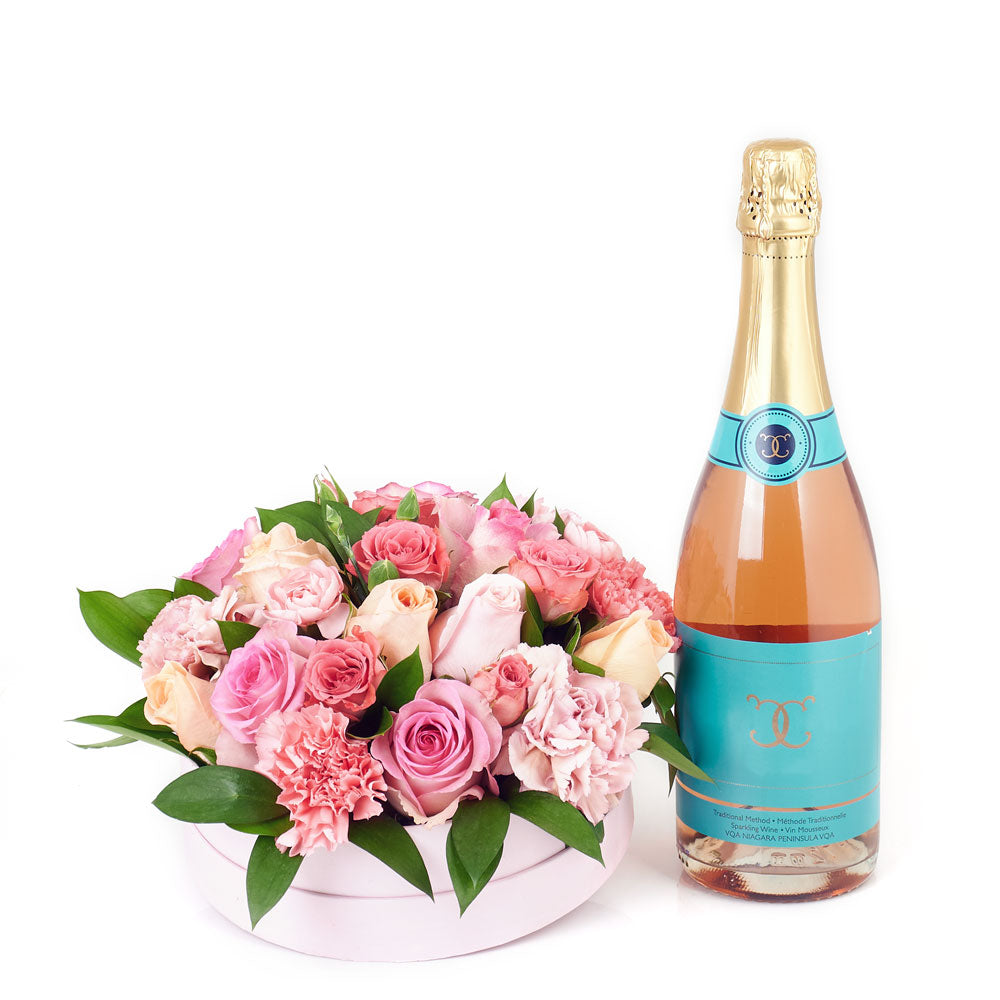 Celebrations Galore Flowers &amp; Champagne Gift - Mixed Floral Hat Box and Sparkling Wine Gift - Same Day Toronto Day
