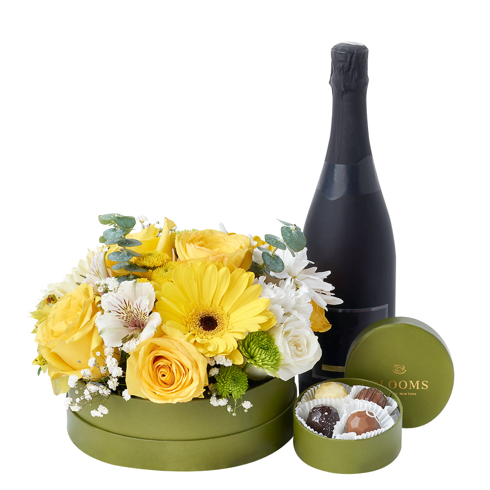 Celebrations Galore Flowers &amp; Champagne Gift - Mixed Floral Hat Box and Sparkling Wine Gift - Same Day Toronto Day