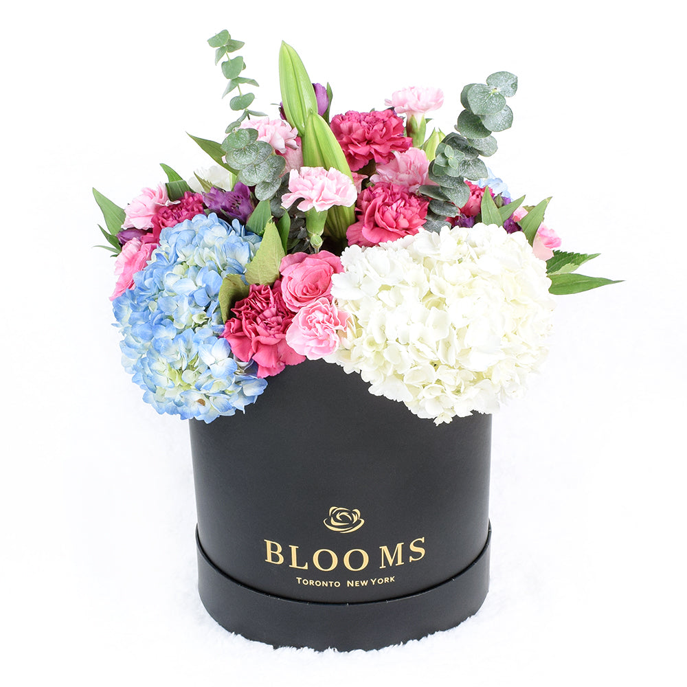 Pastel Floral Box Arrangement, Floral Gifts, Mother's Day Gift Baskets, Mixed Floral Hat Box, Mixed Floral Arrangement, Toronto Same Day Delivery