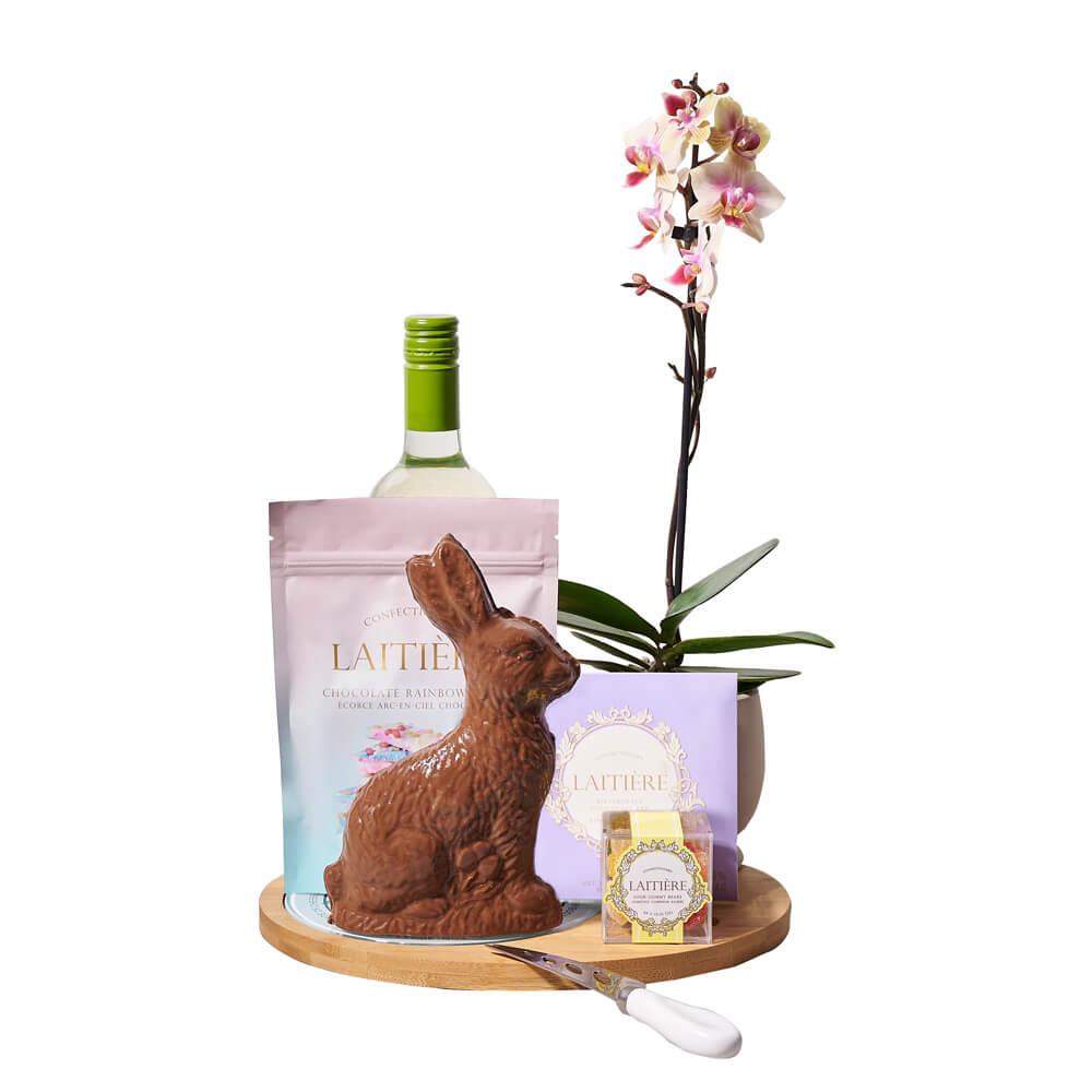 Easter Blooms & Bites Wine Gift Set, orchid gift, orchid, plant gift, plant, easter gift, easter, wine gift, wine, chocolate gift, chocolate