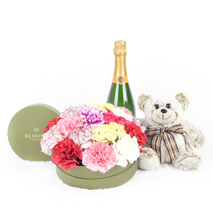 Carnation Hat Box Arrangement With Sparkling Wine, Plush, and Chocoaltes