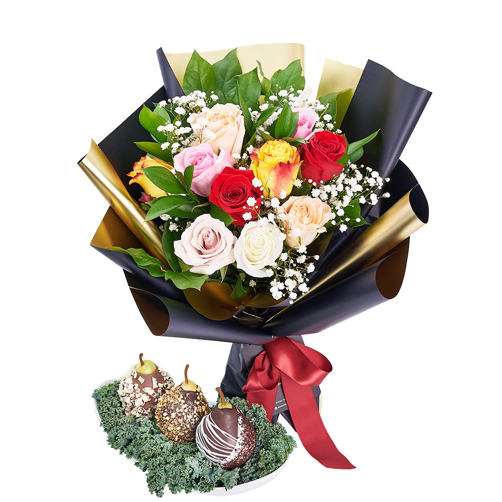 Fragrant &amp; Fresh Floral Gourmet Gift Set - Dipped Chocolate Pears, Mixed Roses Gift - Toronto Delivery