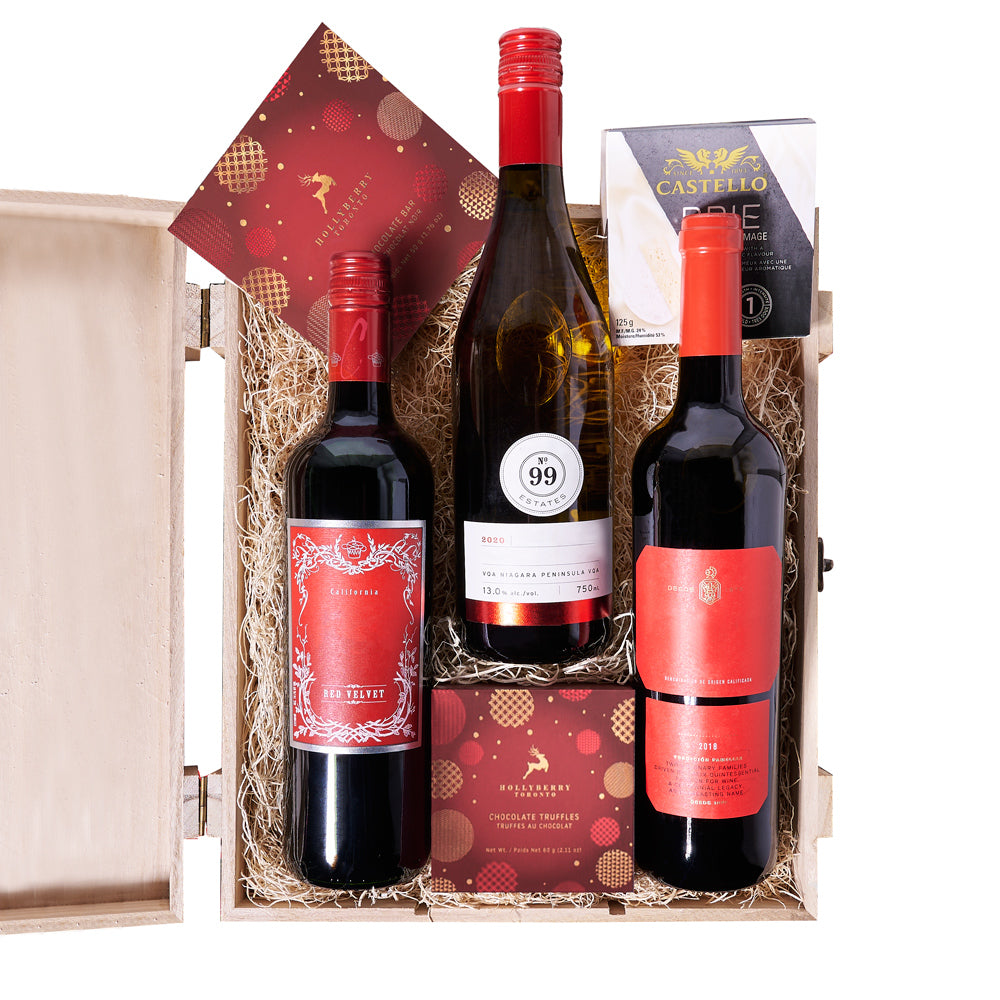 Holiday Wine Trio &amp; Treat Gift Box,  candy, chocolate, chocolate bar,  christmas,  Christmas Cookie,  Christmas set,  gourmet,  wine,  wooden box, christmas Wine Trio, Wine Box Trio delivery