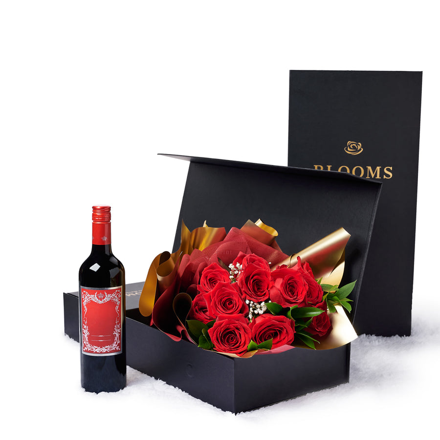 Valentine's Day 12 Stem Red Rose Bouquet With Box & Wine, roses, wine, Valentine's day gifts, Toronto Same Day Flower Delivery