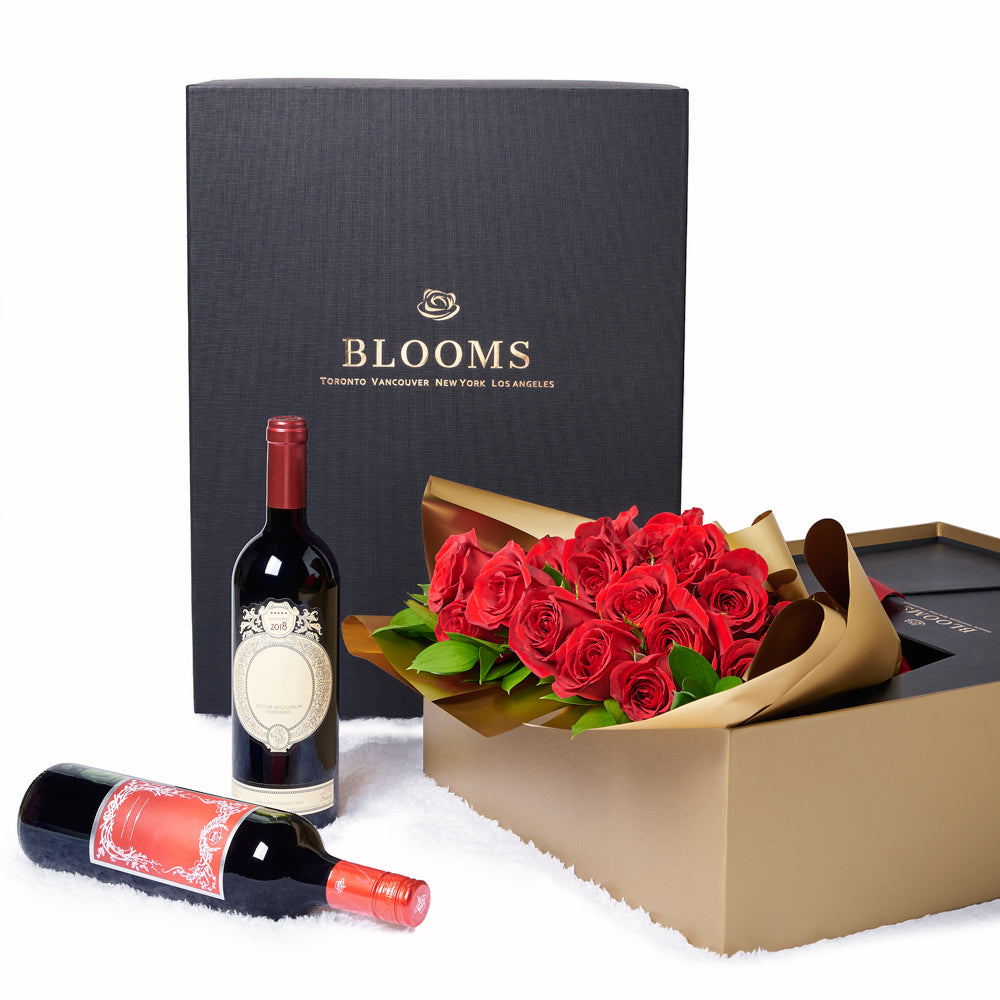 Valentine's Day 18 Stem Red Roses With Chocolate & Wine, Toronto Same Day Flower Delivery