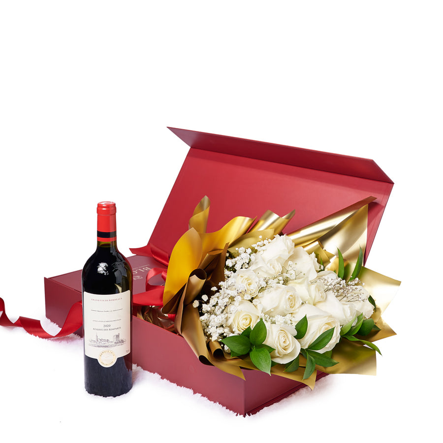 Valentine's Day Dozen White Rose Bouquet With Box & Wine