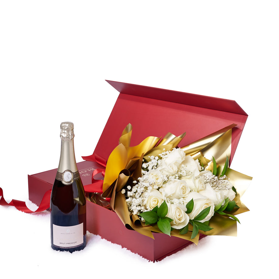 Valentine’s Day 12 Stem White Rose Bouquet With Box & Champagne