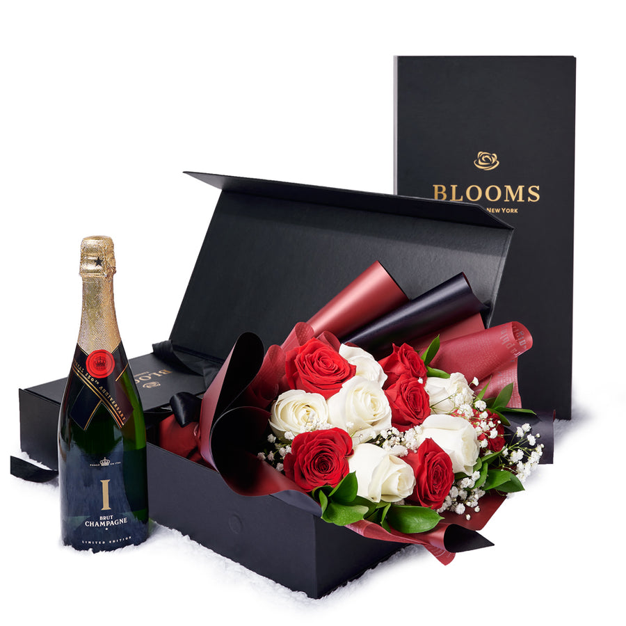 Valentine's Day 12 Stem Red & White Rose Bouquet With Box & Champagne, Valentine's Day gifts, roses, champagne gifts, New York Same Day Flower Delivery