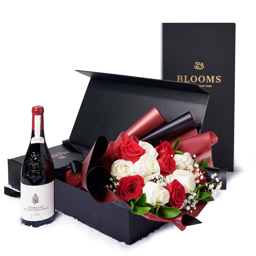 Valentine’s Day 12 Stem Red & White Rose Bouquet With Box & Wine, Valentine's Day gifts, roses, wine gifts, Toronto Same Day Flower Delivery