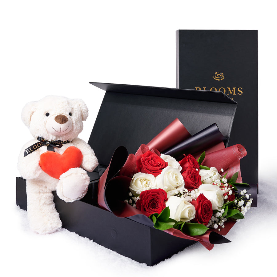 Valentine's Day 12 Stem Red & White Bouquet With Box & Bear