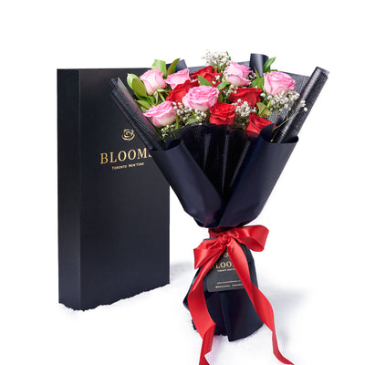 Valentine's Day 12 Stem Pink & Red Rose Bouquet With Designer Box, Toronto Same Day Flower Delivery, Valentine's Day gifts, roses