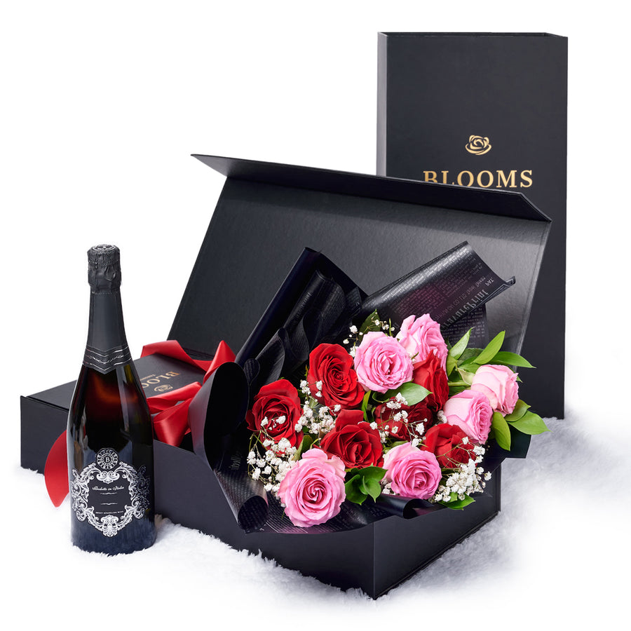 Valentine’s Day 12 Stem Red & Pink Rose Bouquet With Box & Champagne