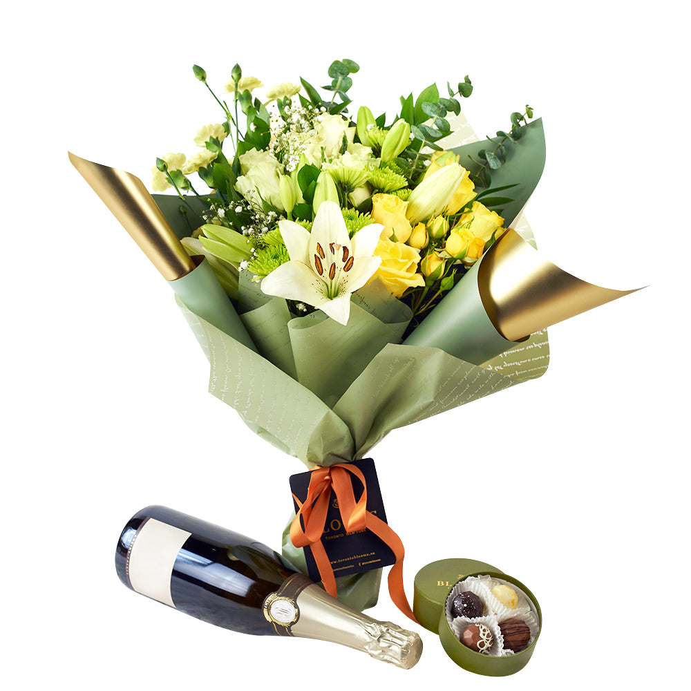 Joyful Renditions Floral Arrangement &amp; Gift Set - Wine Gift Set - Same Day Toronto Delivery
