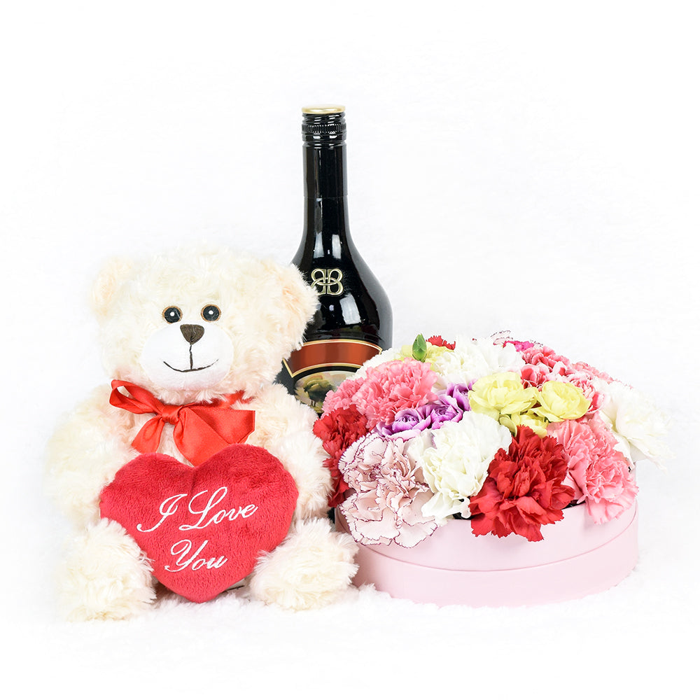 Carnation Hat Box Arragement With Spirits and plush