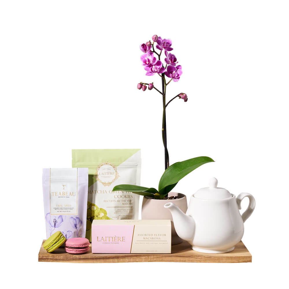 Macarons Among the Orchids Gift Board, tea gift, tea, cookie gift, cookies, orchid gift, orchids, gourmet gift, gourmet