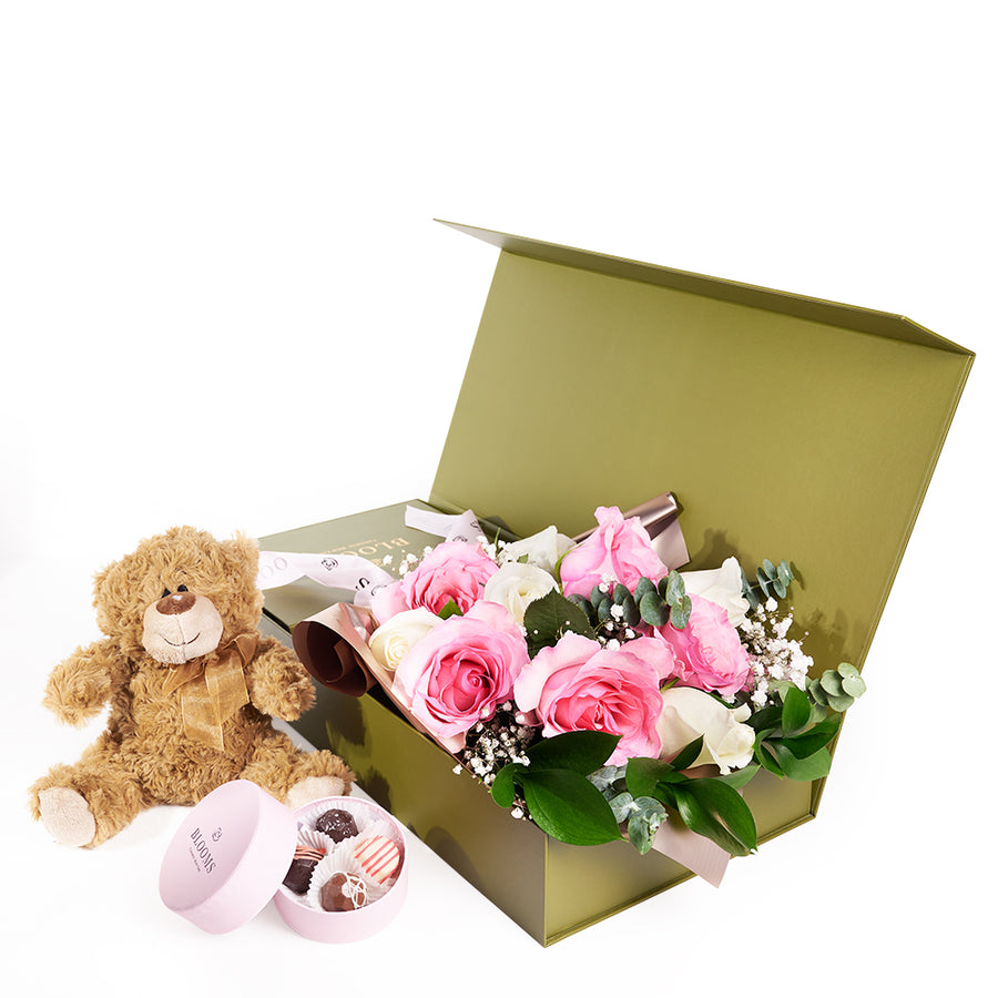 Mother’s Day 12 Stem Pink & White Rose Bouquet with Box, Bear, & Chocolate – Mother’s Day Gifts – Toronto delivery
