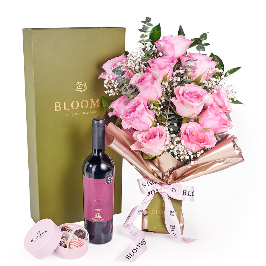 Mother’s Day Dozen Pink Rose Bouquet with Box, Wine, & Chocolate – Mother’s Day Gifts – Toronto delivery