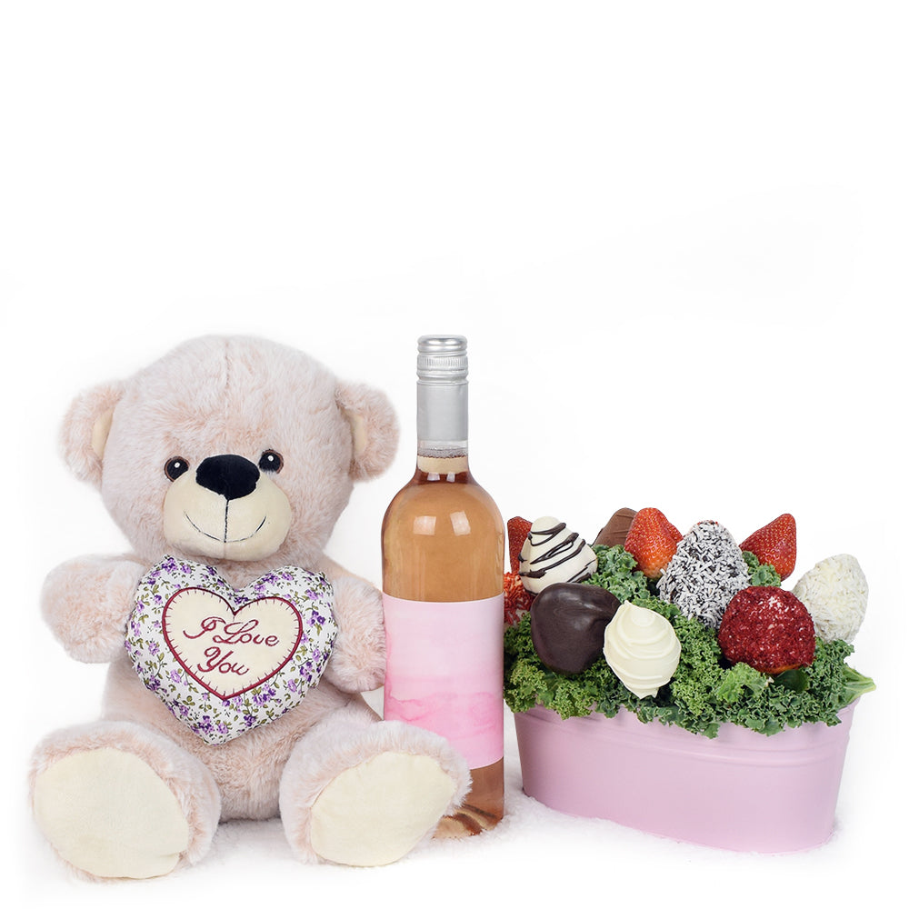 Mother’s Day Pink Wine, Bear &amp; Chocolate Covered Strawberry Gift Tin – Mother’s Day Gifts – Toronto delivery