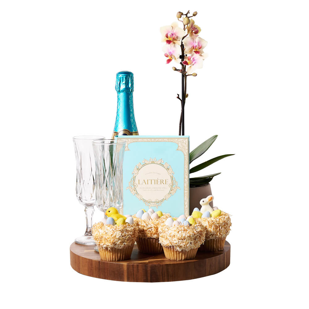 Nestled Cupcakes &amp; Easter Champagne Gift, sparkling wine gift, sparkling wine, champagne gift, champagne, orchid gift, orchid, cupcake gift, cupcake, chocolate gift, chocolate