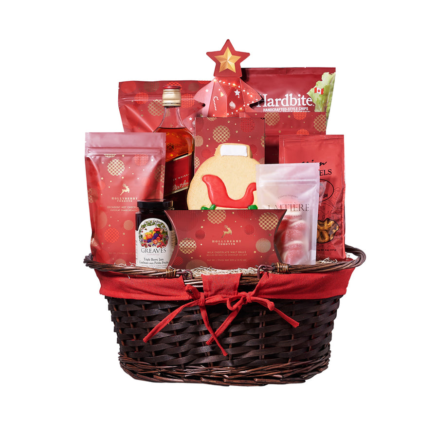 Christmas Delights Liquor Gift Basket, Liquor Gift Baskets, Gourmet Gift Baskets, Chocolate Gift Baskets, Xmas Gifts, Liquor , Cookies, Pretzels, Chocolates, Jam, Popcorn, Chips, Christmas Gift Baskets, Canada Delivery