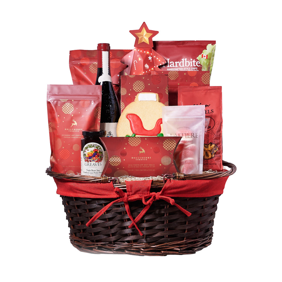 Christmas Delights Wine Gift Basket, Wine Gift Baskets, Gourmet Gift Baskets, Chocolate Gift Baskets, Xmas Gifts, Wine, Cookies, Pretzels, Chocolates, Jam, Popcorn, Chips, Christmas Gift Baskets, Canada Delivery