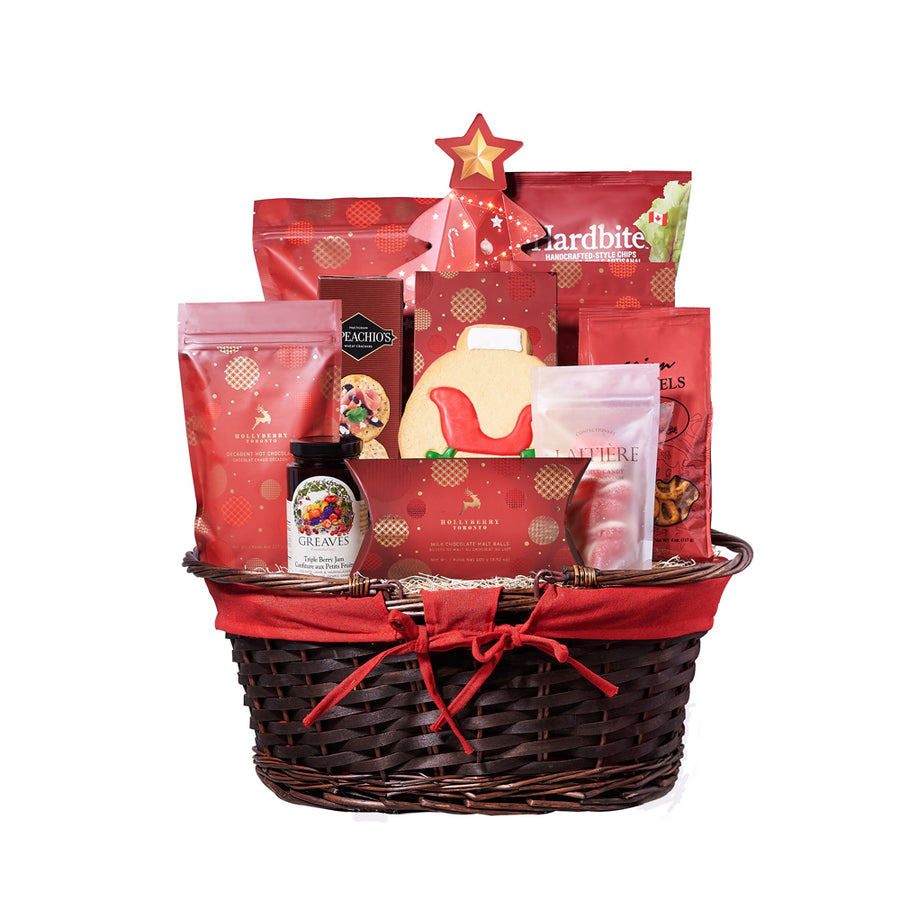 Christmas Delights Gift Basket, Christmas Gift Baskets, Gourmet Gift Baskets, Chocolate Gift Baskets, Xmas Gift Baskets, Chocolates, Chips, Crackers, Popcorn, Candy, Jam, Pretzels, Canada Delivery
