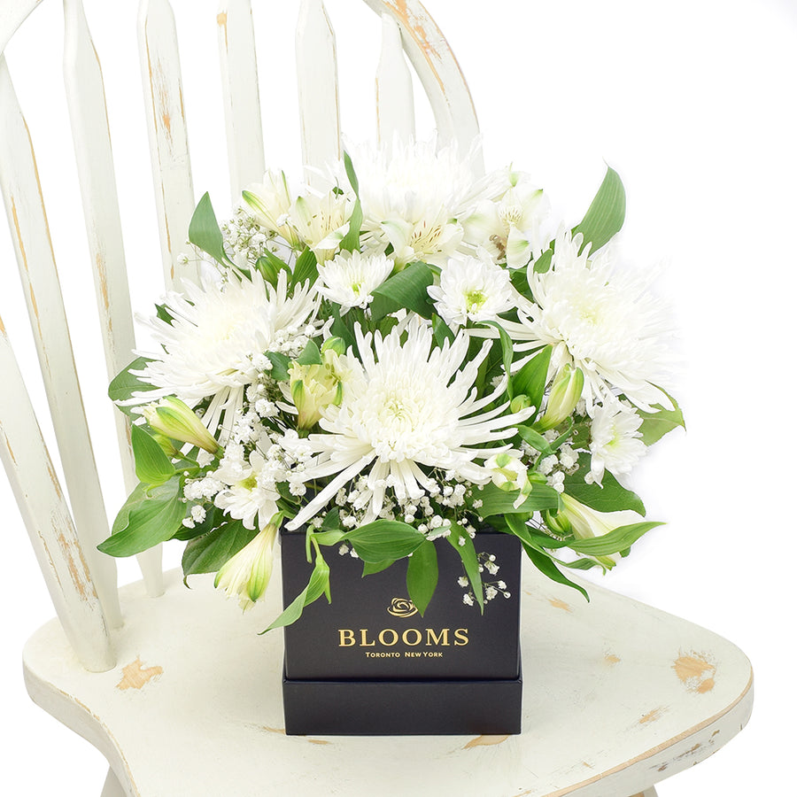 White floral mixed hat box arrangement. Same Day Toronto Delivery.
