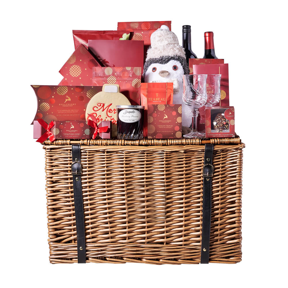 Season’s Greetings Wine Gift Basket, christmas gift, christmas, holiday gift, holiday, gourmet gift, gourmet, chocolate gift, chocolate