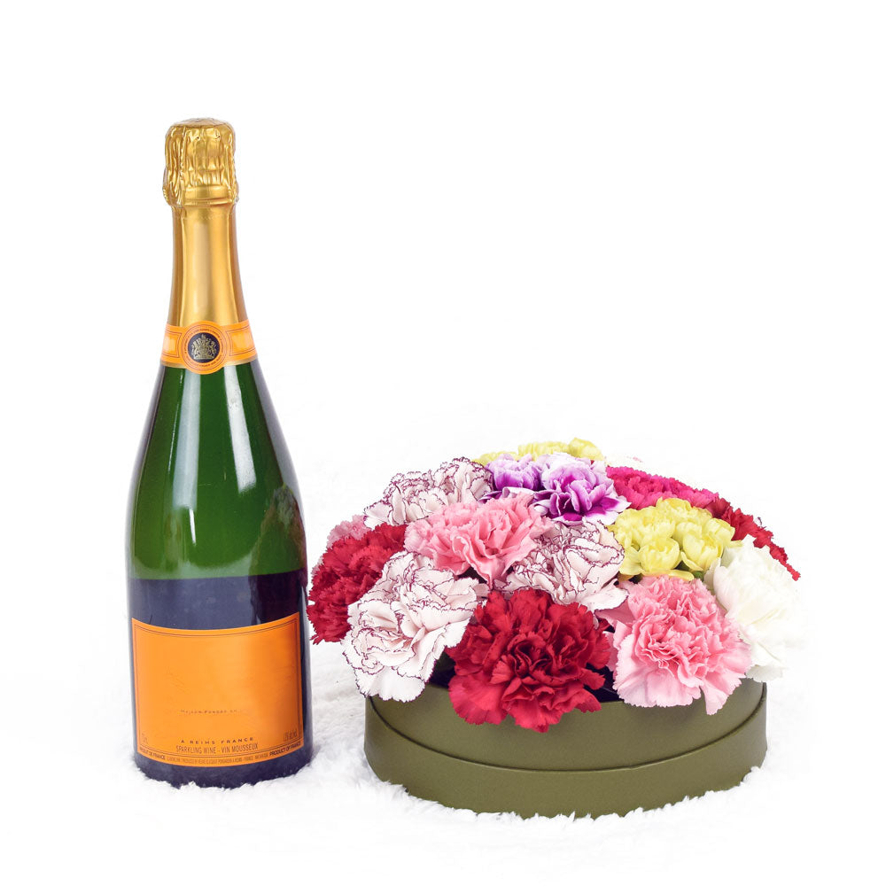 Mixed Carnation Box Arrangement With Champagne - Wine Gift - Same Day Toronto Delivery