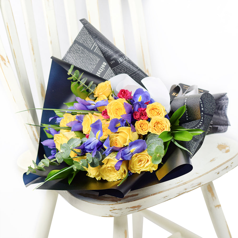 Yellow Rose and Iris Mixed Bouquet 