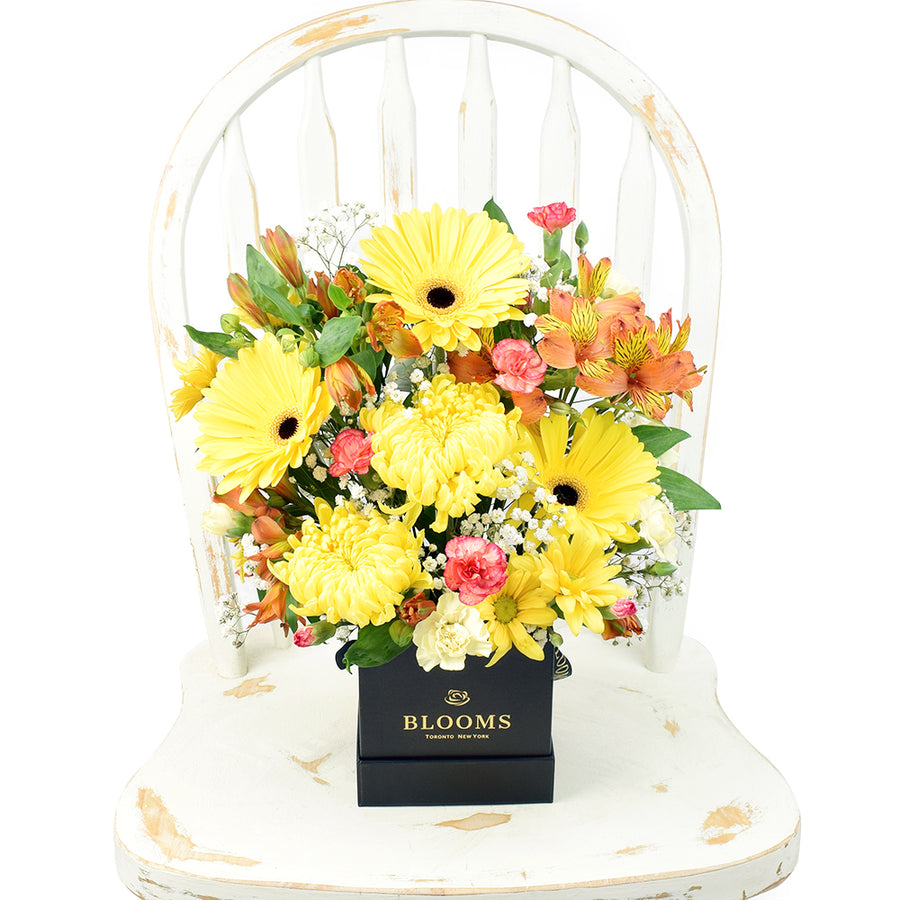 Sunrise mixed floral hat box arrangement. Same Day Toronto Delivery