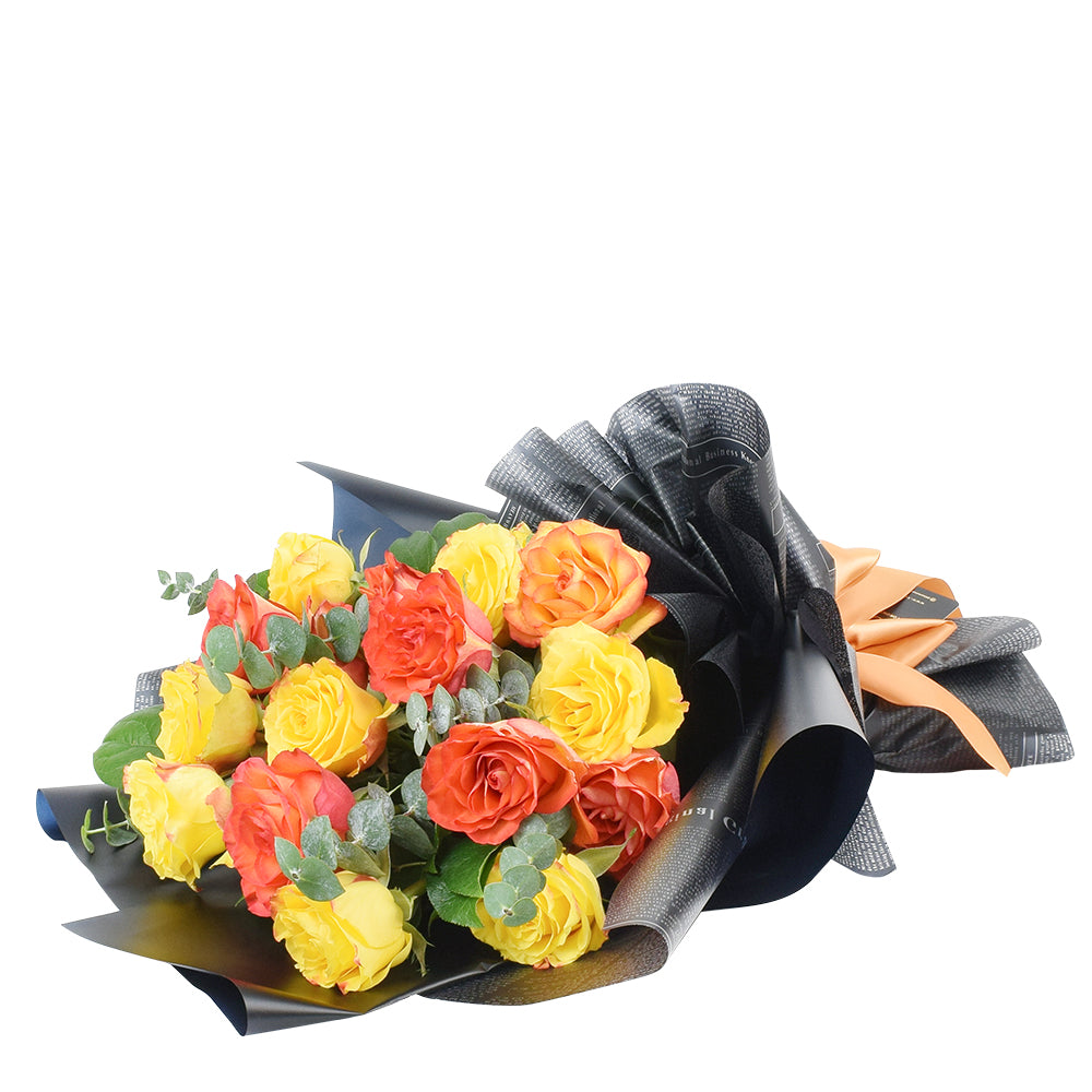 Sunset Love Rose Bouquet in red, yellow, and orange. Same Day Toronto Delivery